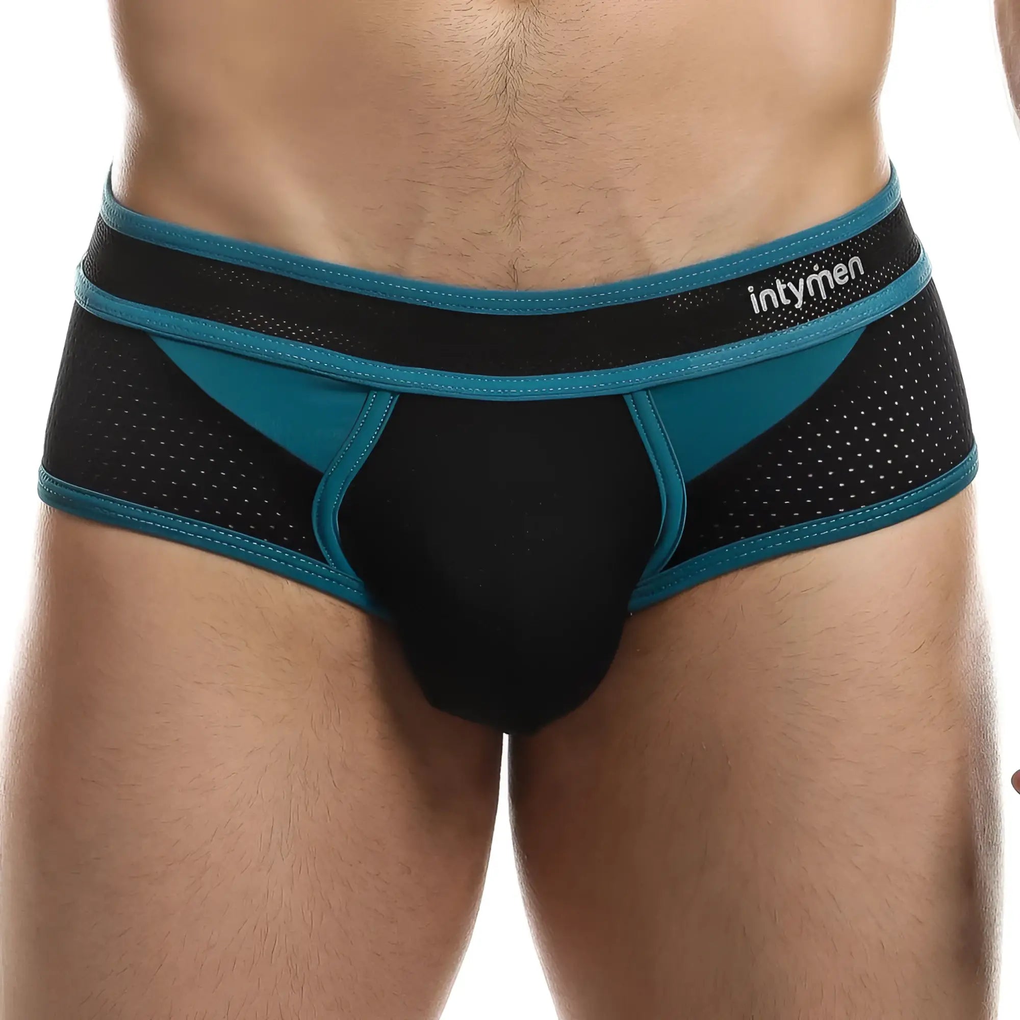 Black and teal mesh Intymen INJ061 athletic briefs with a branded waistband for comfortable activewear use