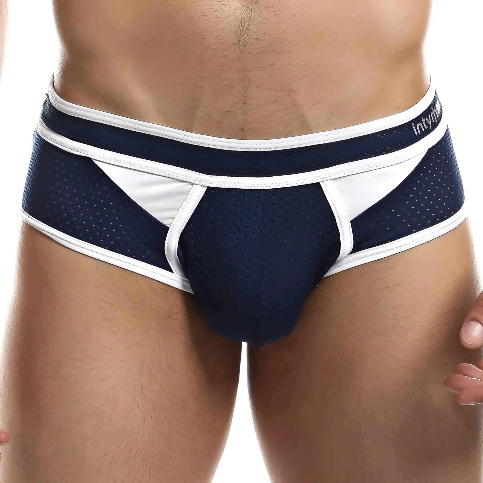 Navy blue and white mesh athletic briefs with branded waistband from Intymen INJ061 brief product line