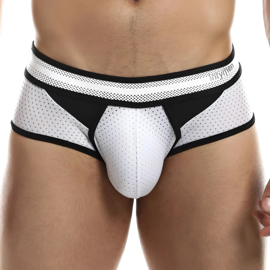 White and black mesh athletic briefs with perforated design and intymen logo on waistband intymen inj061 brief