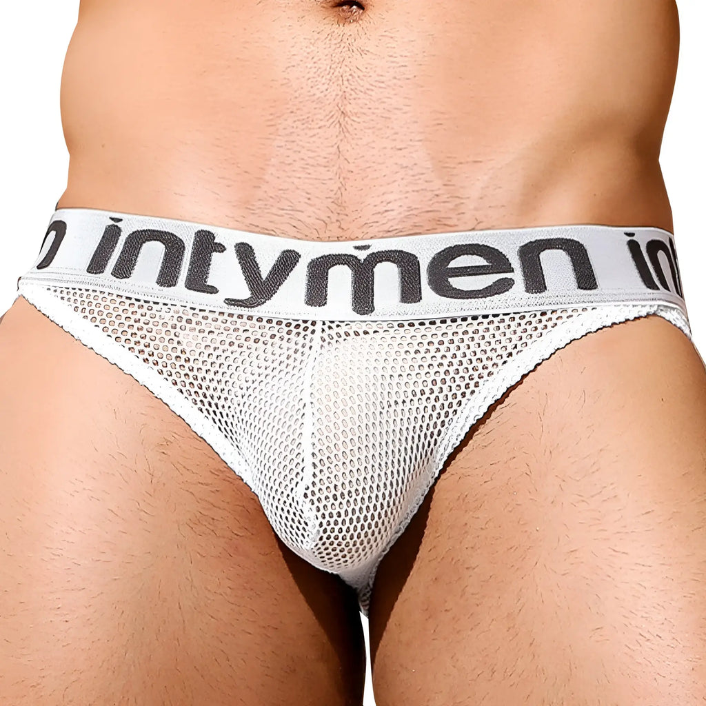 White mesh briefs with a gray elastic waistband featuring the intymen brand name in black lettering inj067 brief