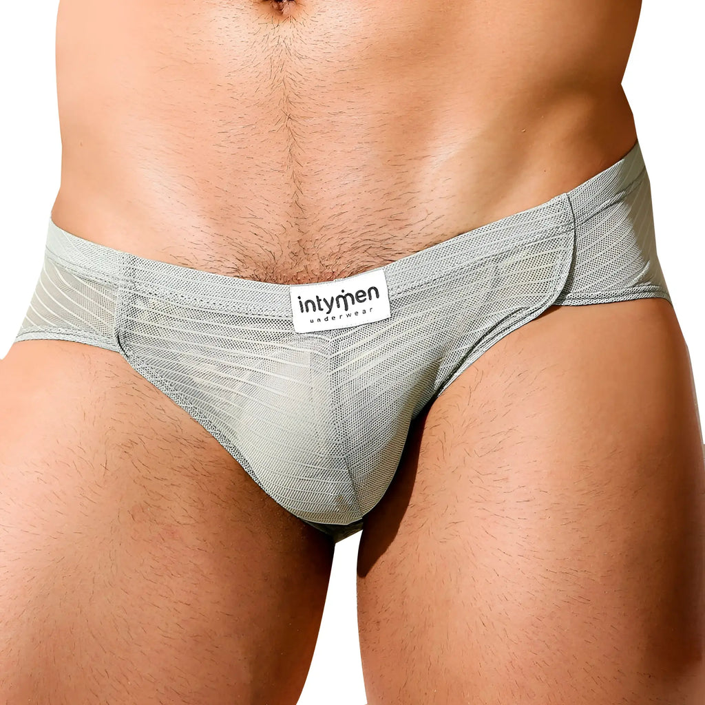 Intymen INJ069 brief gray mesh briefs with subtle striped pattern and intymen underwear label