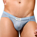Light blue sheer mesh Intymen INJ069 brief with subtle diagonal stripe pattern and branded label on front side