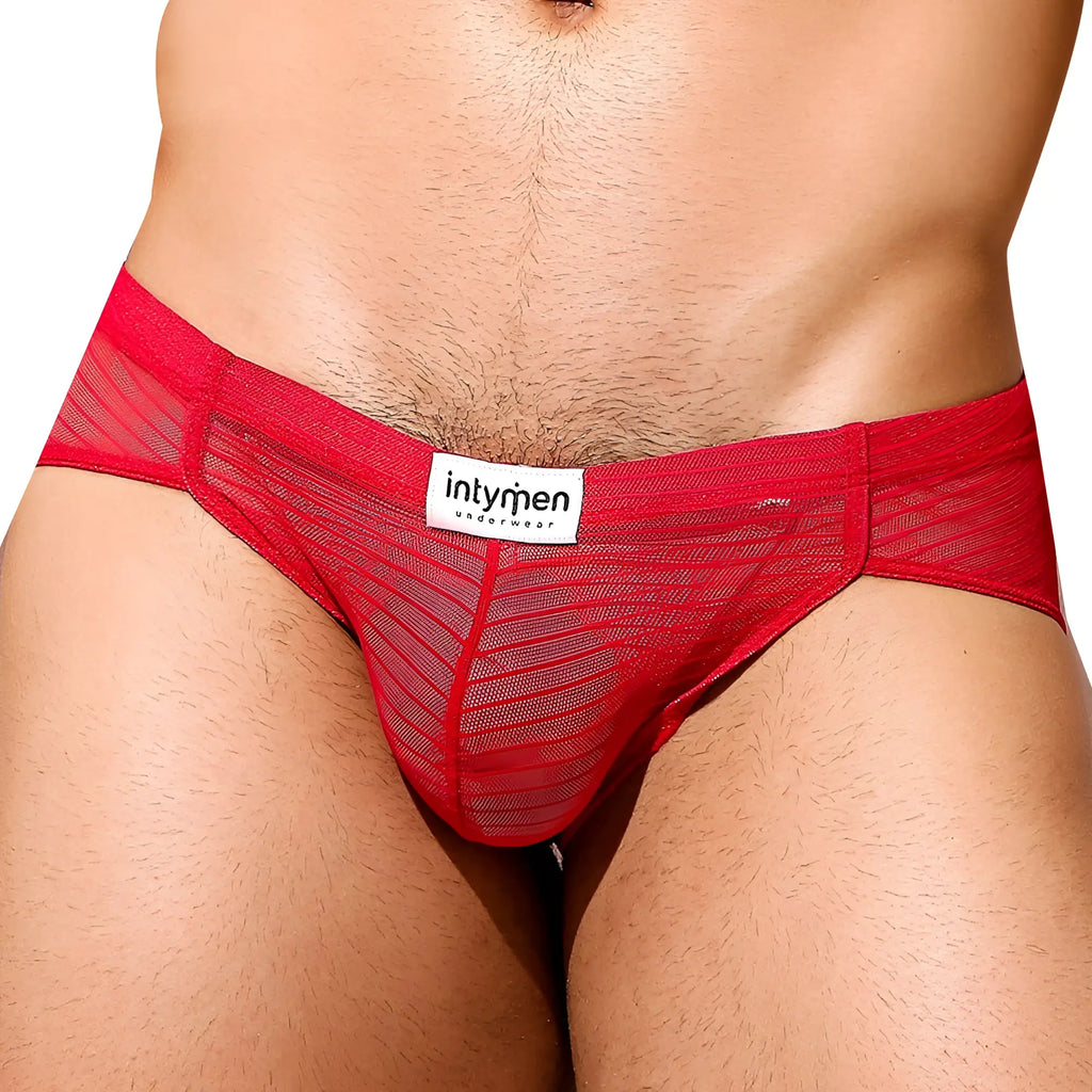 Intymen INJ069 brief red mesh briefs with solid red waistband and intymen underwear brand label visible
