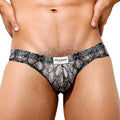 Black and gray snake-scale patterned sheer men’s briefs with white intymen label intymen INJ070 brief