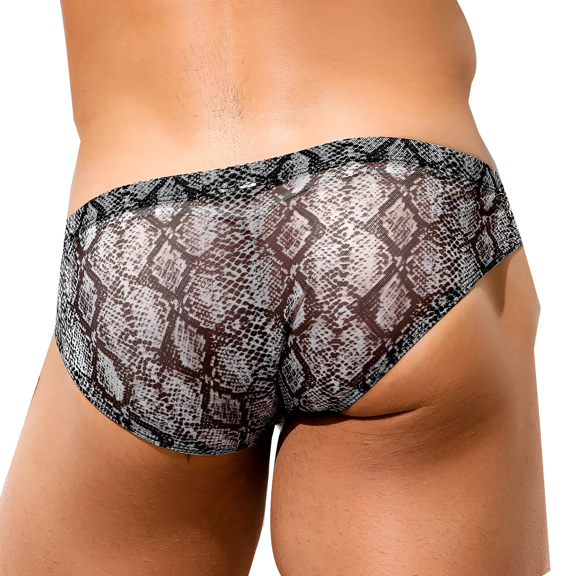 Intymen INJ070 brief black and gray snakeskin-patterned sheer men’s briefs front view