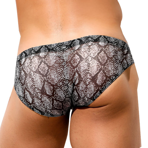 Intymen INJ070 brief black and gray snakeskin-patterned sheer men’s briefs front view