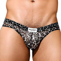 Black and gray leopard-print mesh briefs by intymen in the style INJ072 showcasing a sheer design