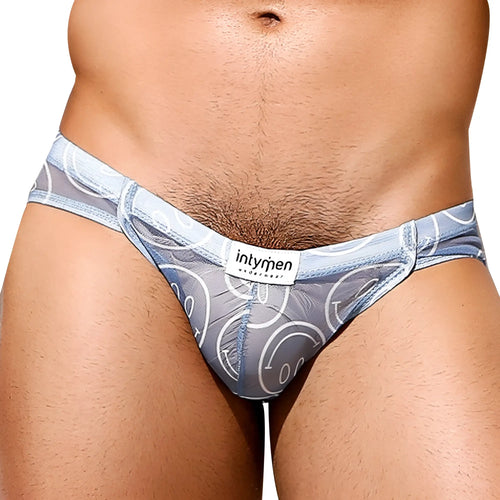 Gray patterned thong brief with white smiley face designs and intymen brand label in intymen inj075 brief