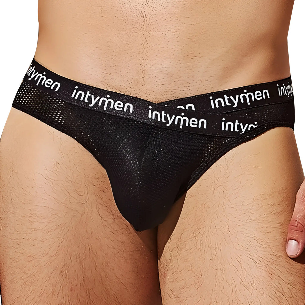 Black mesh briefs with white intymen logo on waistband from intymen inj081 brief product line