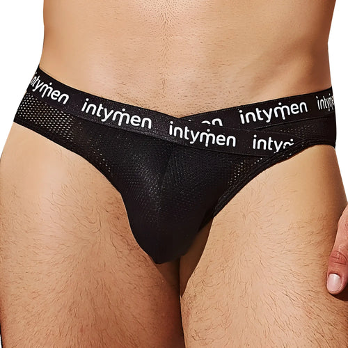 Black mesh briefs with white intymen logo on waistband from intymen inj081 brief product line