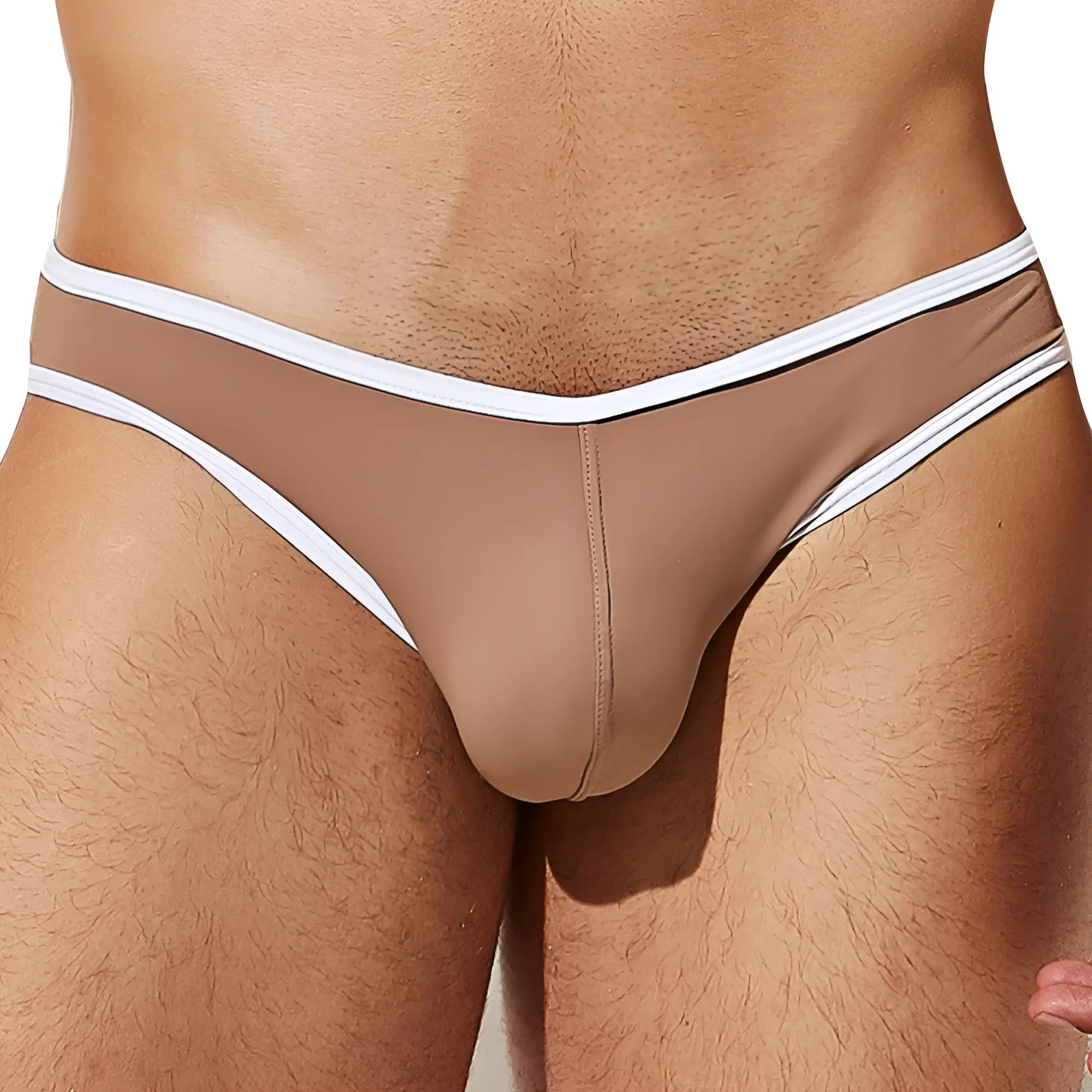 Tan briefs with white trim by intymen inj083 bikini brief showing front with soft stretch fabric and minimalist design
