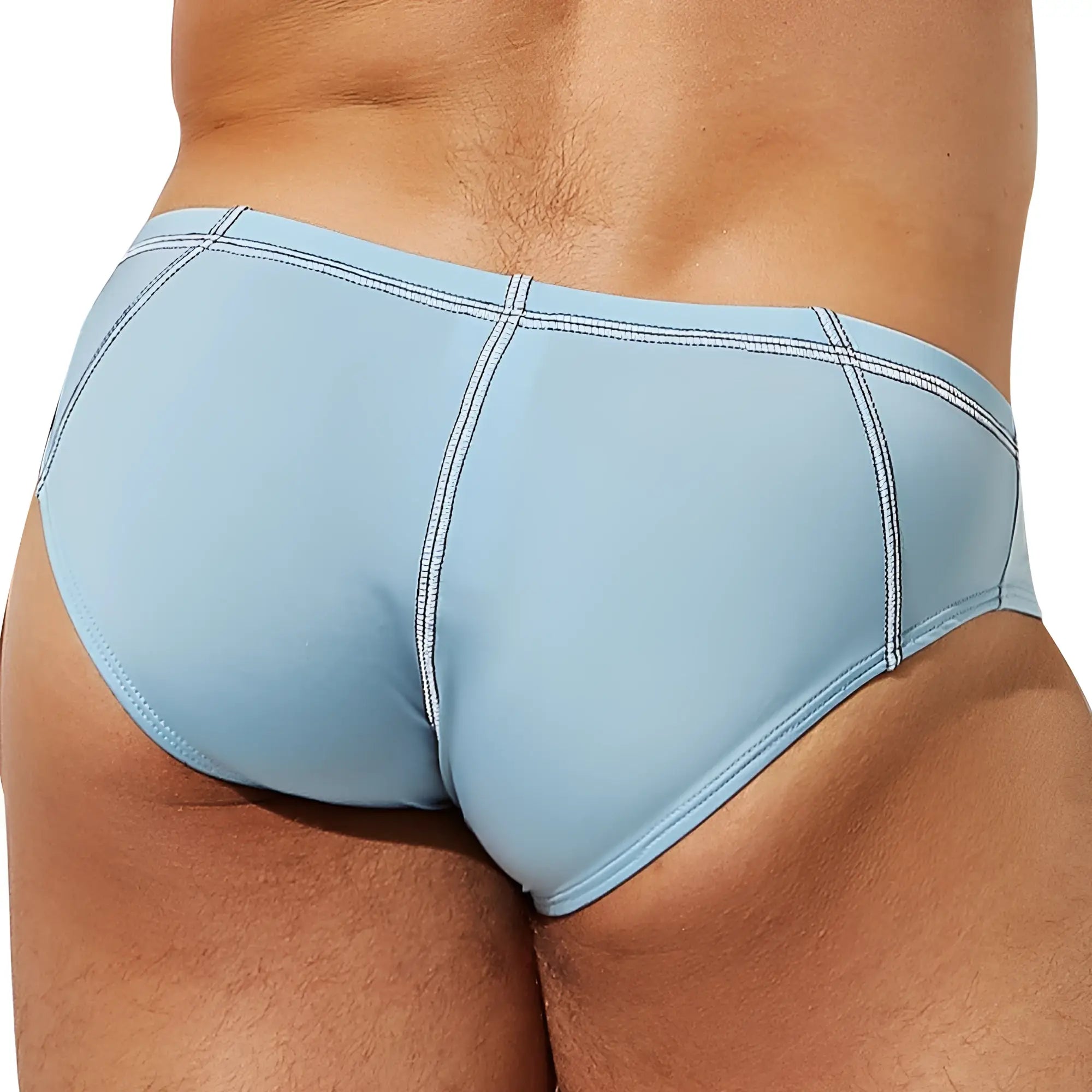 Light blue Intymen INJ084 brief swim trunks with white stitching details for comfortable swimming use
