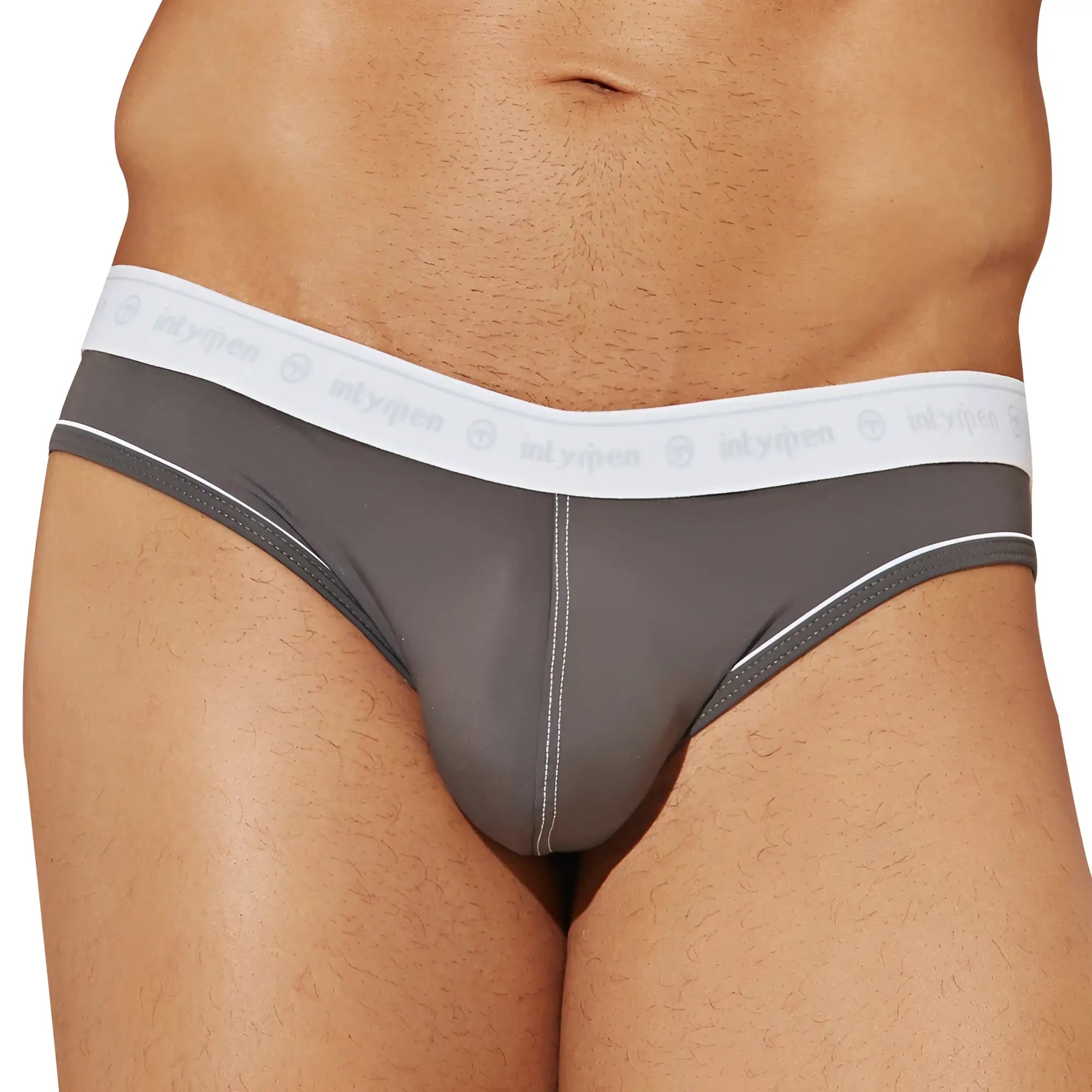 Gray intymen inj086 brief with white elastic waistband logo and subtle white stitching along the edges