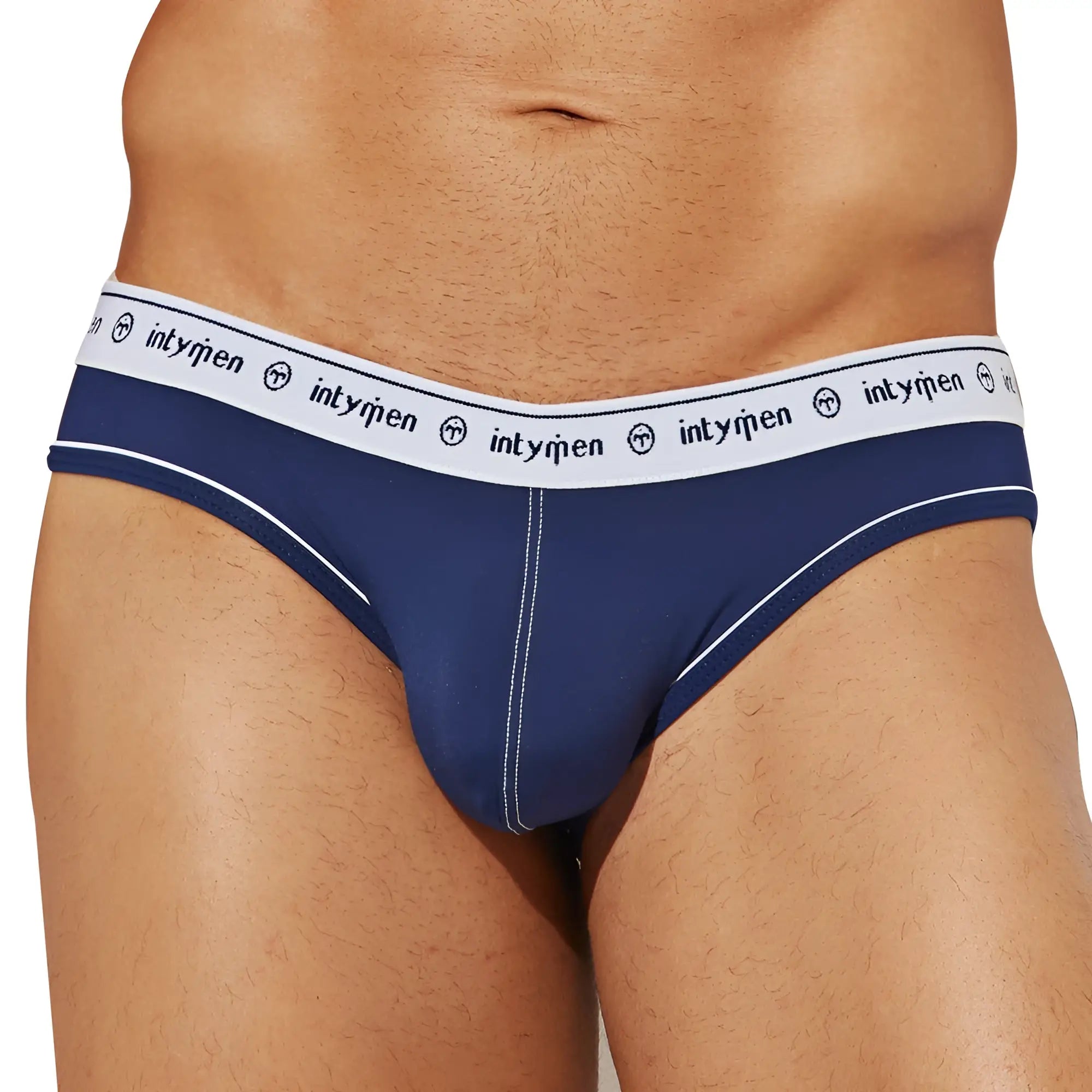 Navy blue Intymen INJ086 brief with white elastic waistband featuring repeating logo and brand emblem