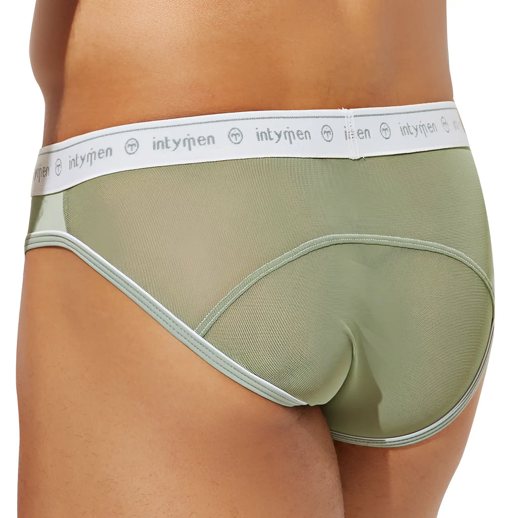 Olive green mesh briefs with white elastic waistband featuring intymen branding inj086 brief front view