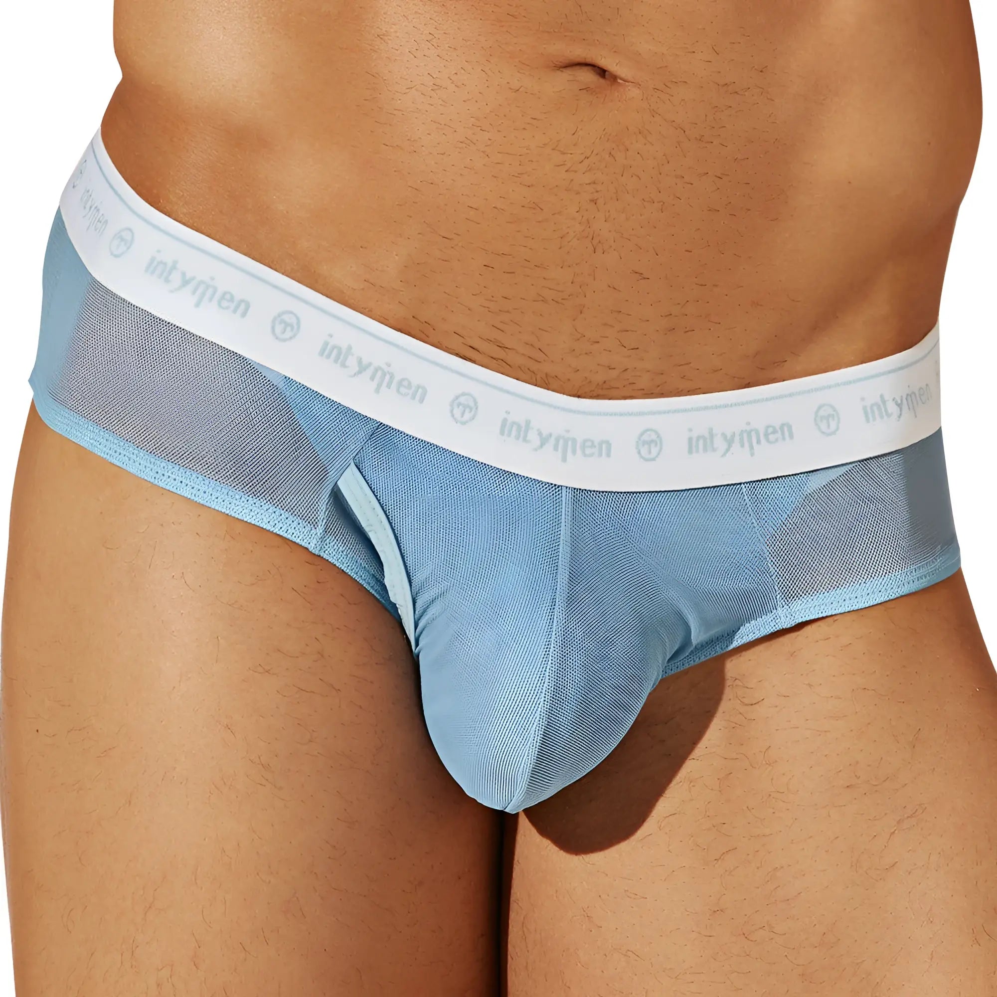 Light blue mesh briefs with white elastic waistband featuring inlypen logo from intymen inj087 brief collection