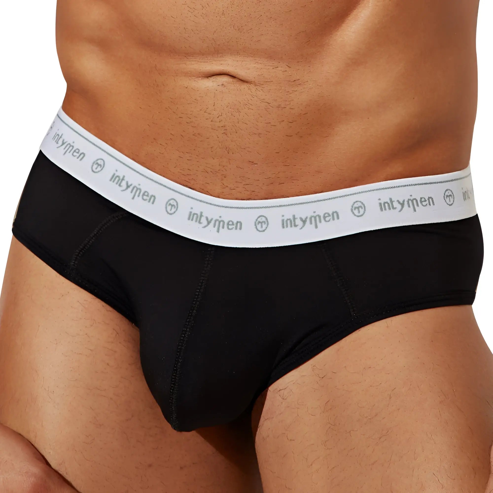 Black men’s briefs intymen inj088 with white elastic waistband featuring intyqmen brand name and logo repeated