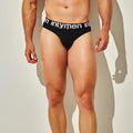Black men’s briefs Intymen INJ096 in soft cotton with a white Intymen logo on the waistband front side