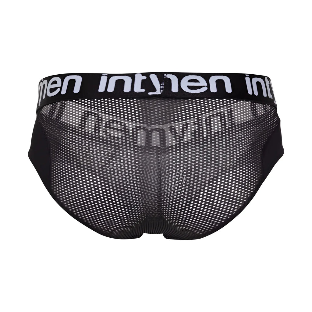 Black mesh men’s briefs with white intymen logo band in Intymen INJ102 brief product design