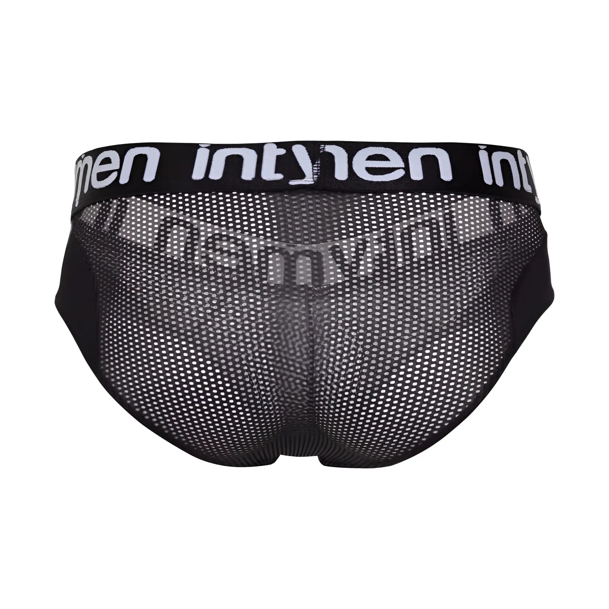 Black mesh men’s briefs with white intymen logo band in Intymen INJ102 brief product design