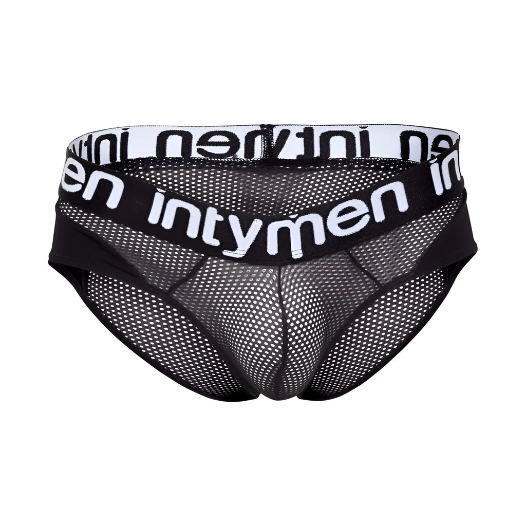 Black mesh briefs with white elastic waistband featuring intymen logo in bold black lettering model inj102 brief