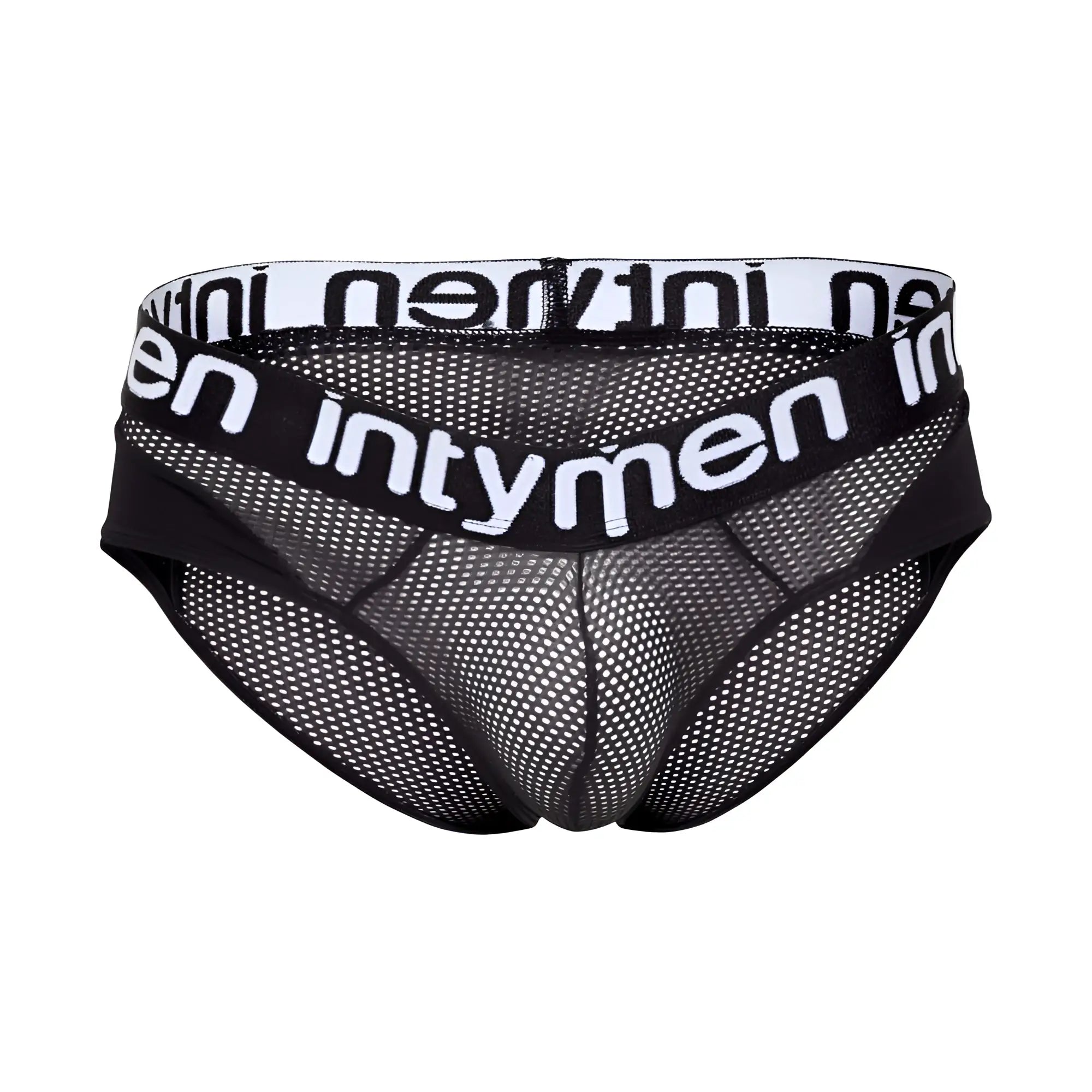 Black mesh briefs with white elastic waistband featuring intymen logo in bold black lettering model inj102 brief