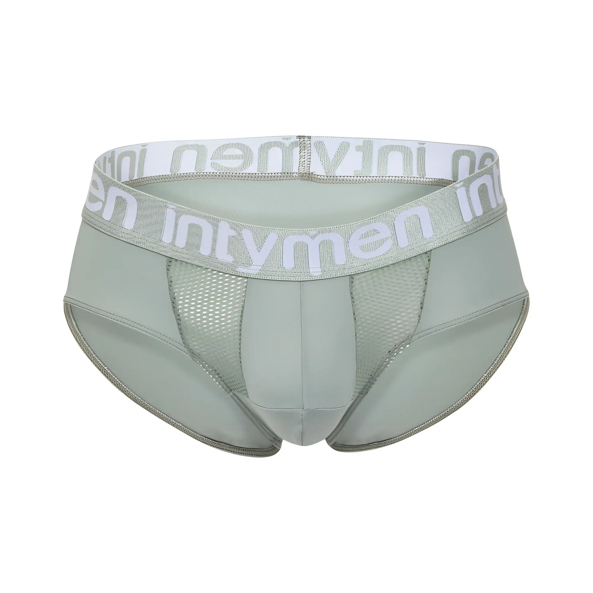 Light green Intymen INJ103 briefs with white elastic waistband, gray logo, and mesh side panels for breathability