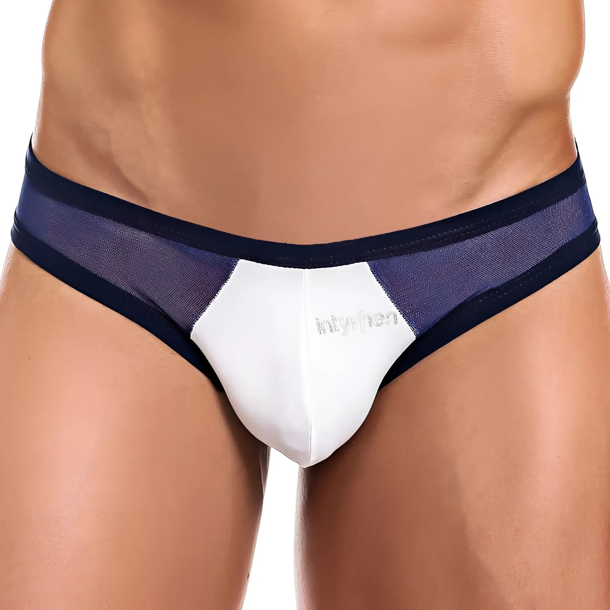 Intymen INK008 thong navy blue and white mesh briefs with subtle intymen logo on the front