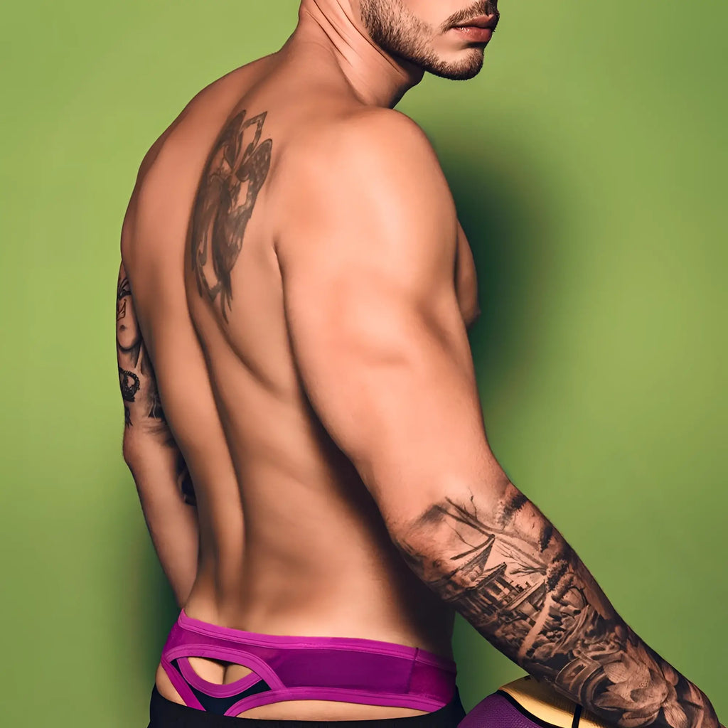 Intymen INK008 thong purple and black athletic briefs with cut-out design for comfortable activewear use