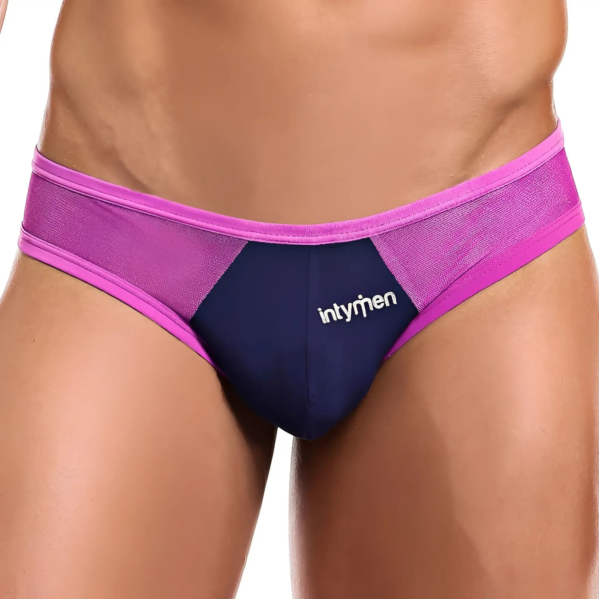 Intymen INK008 thong vibrant pink and navy blue mesh trimmed men’s briefs with sleek modern design front view