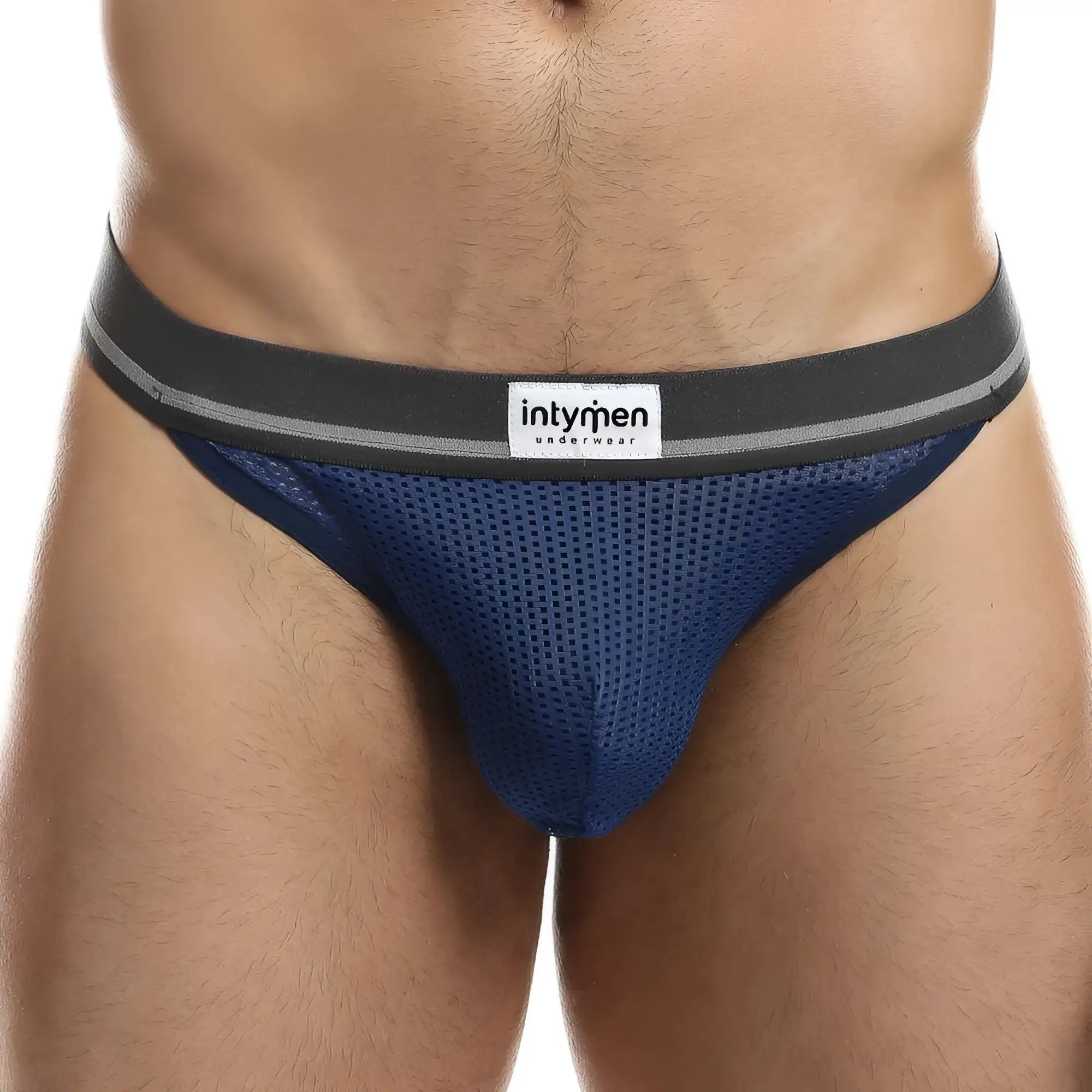 Blue mesh briefs jockstrap with dark gray waistband silver stripes and intymen underwear label visible on front side