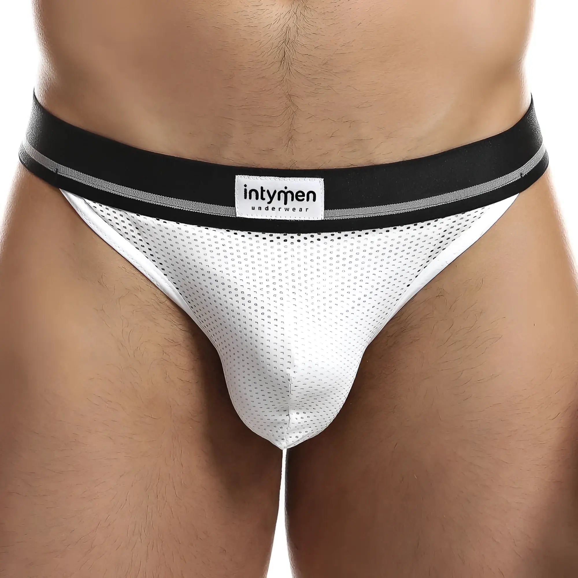 Intymen ink010 jockstrap white mesh briefs with black elastic waistband gray stripes and intymen underwear label