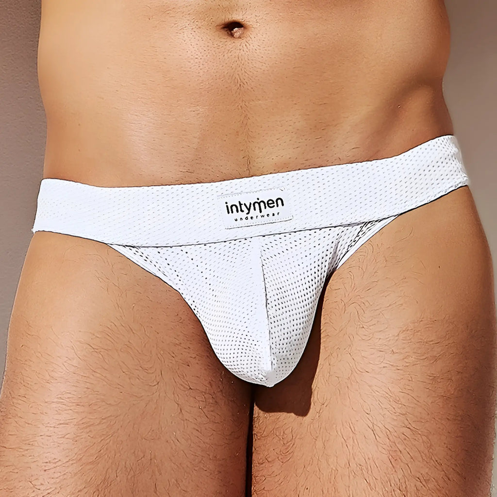 White mesh thong brief with intymen underwear branded label lightweight breathable men’s underwear