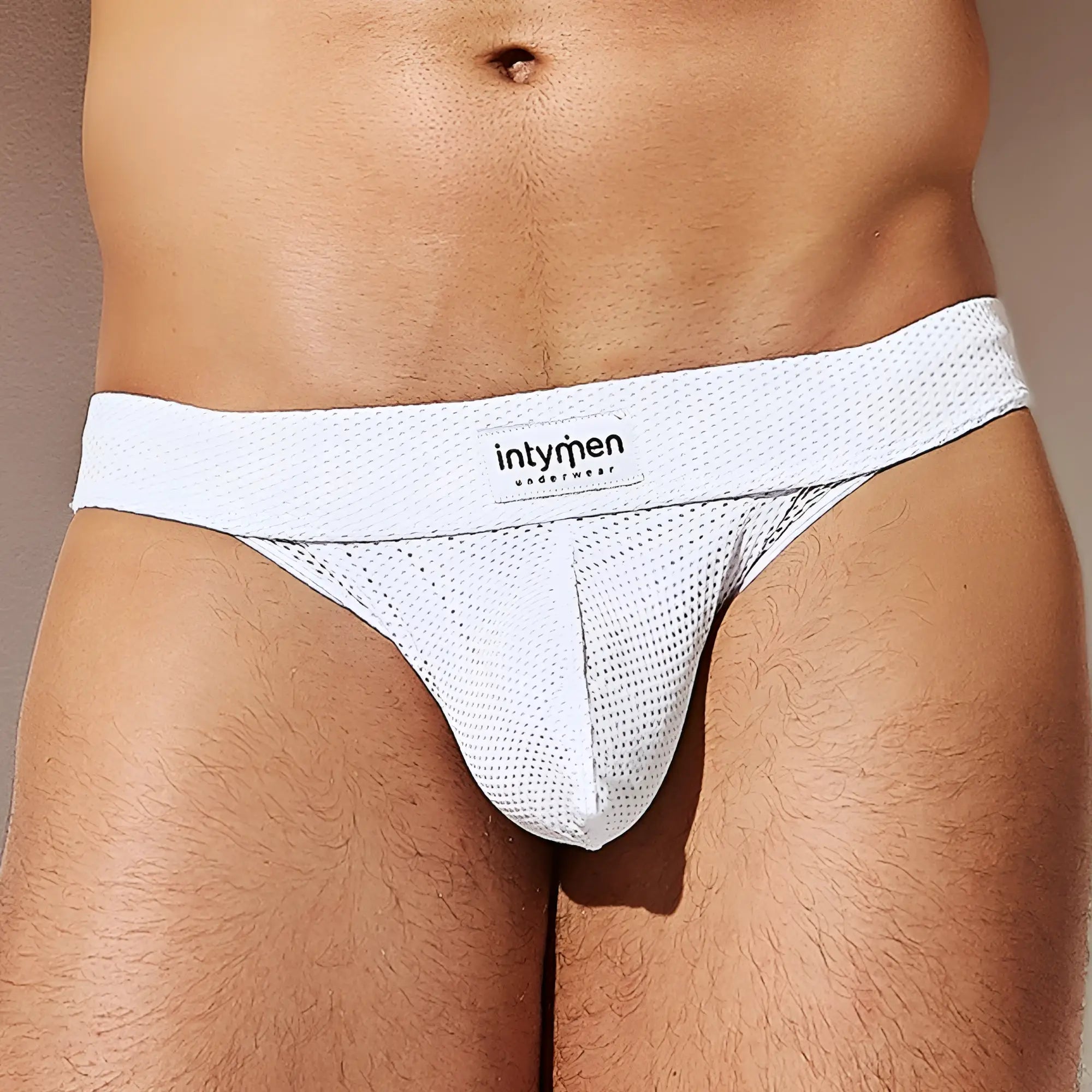 White mesh thong brief with intymen underwear branded label lightweight breathable men’s underwear