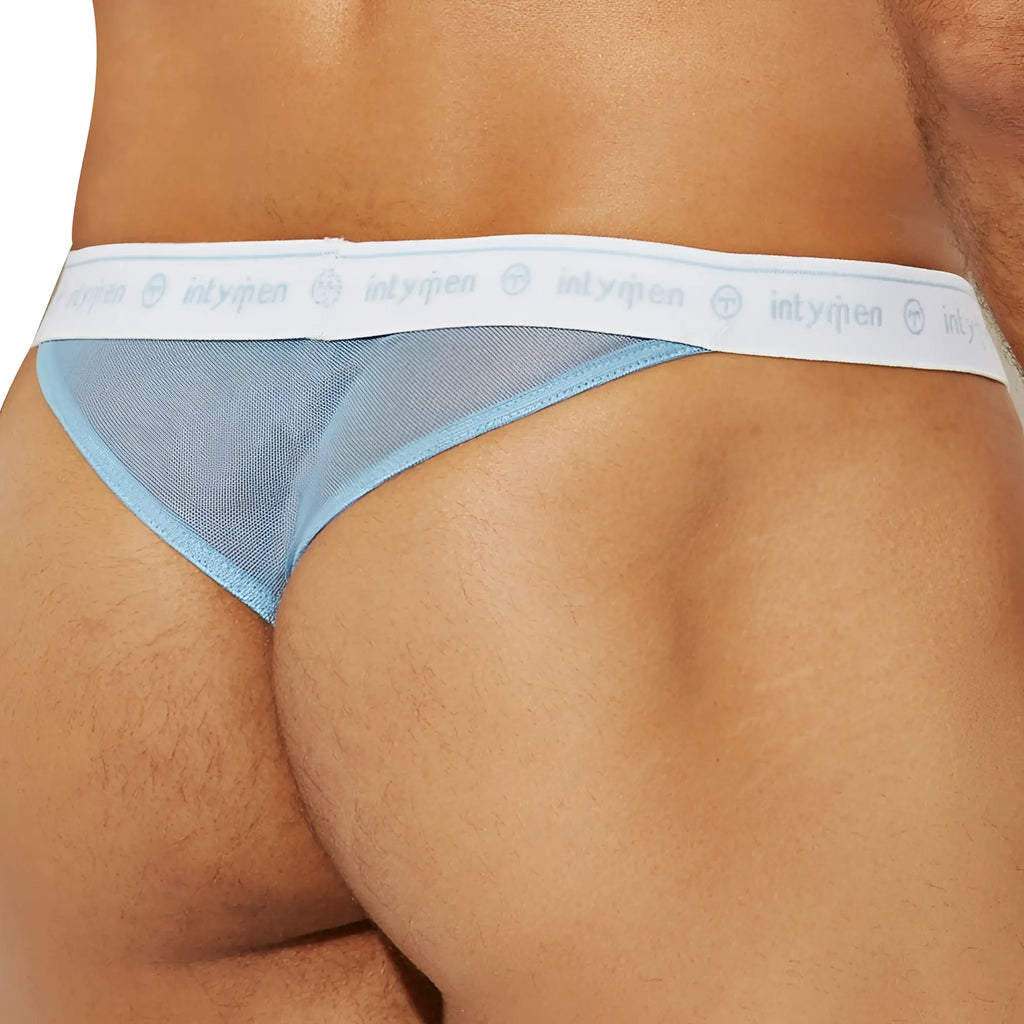 Light blue mesh thong with white elastic waistband featuring intymen logo from intymen ink016 thong collection