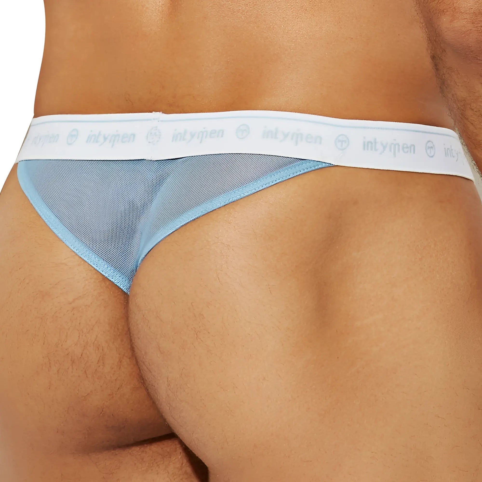 Light blue mesh thong with white elastic waistband featuring intymen logo from intymen ink016 thong collection