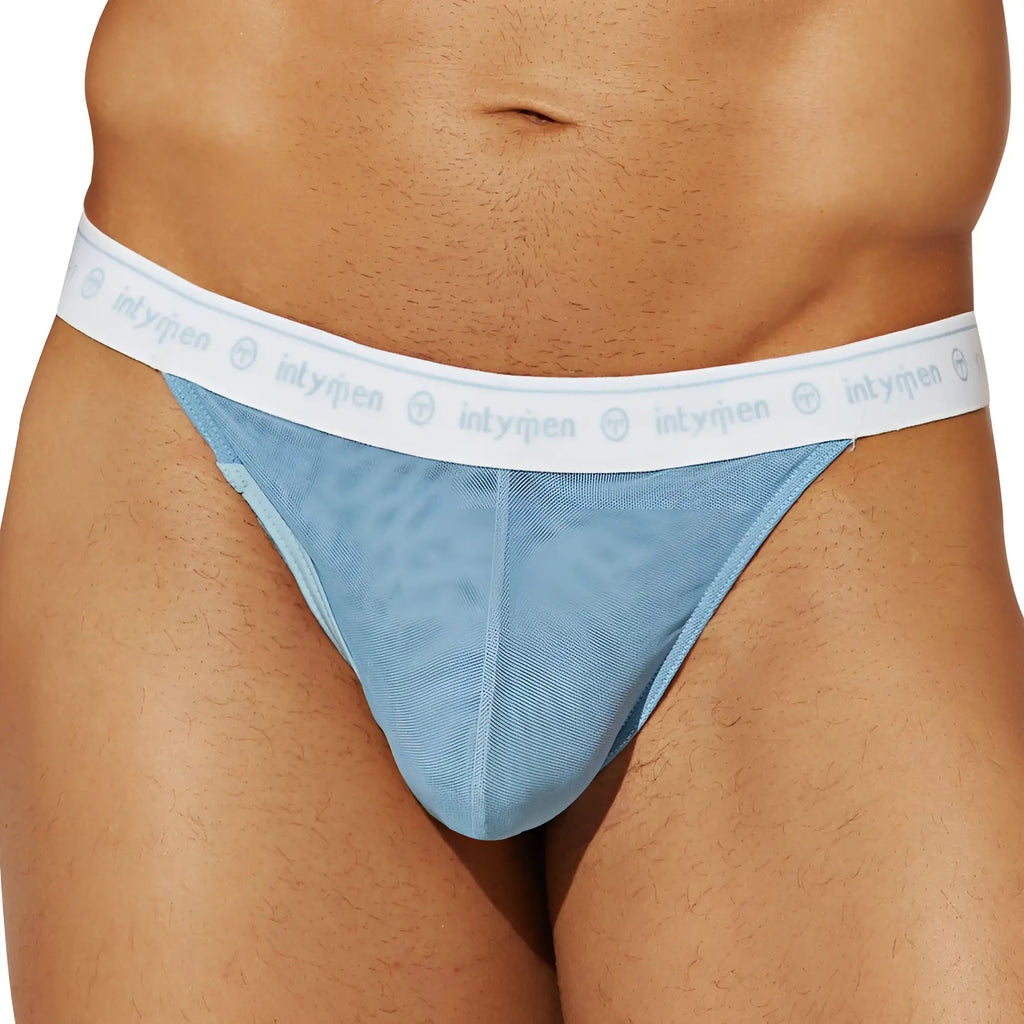 Light blue mesh briefs with a white elastic waistband featuring the intymen brand logo in Intymen INK016 thong