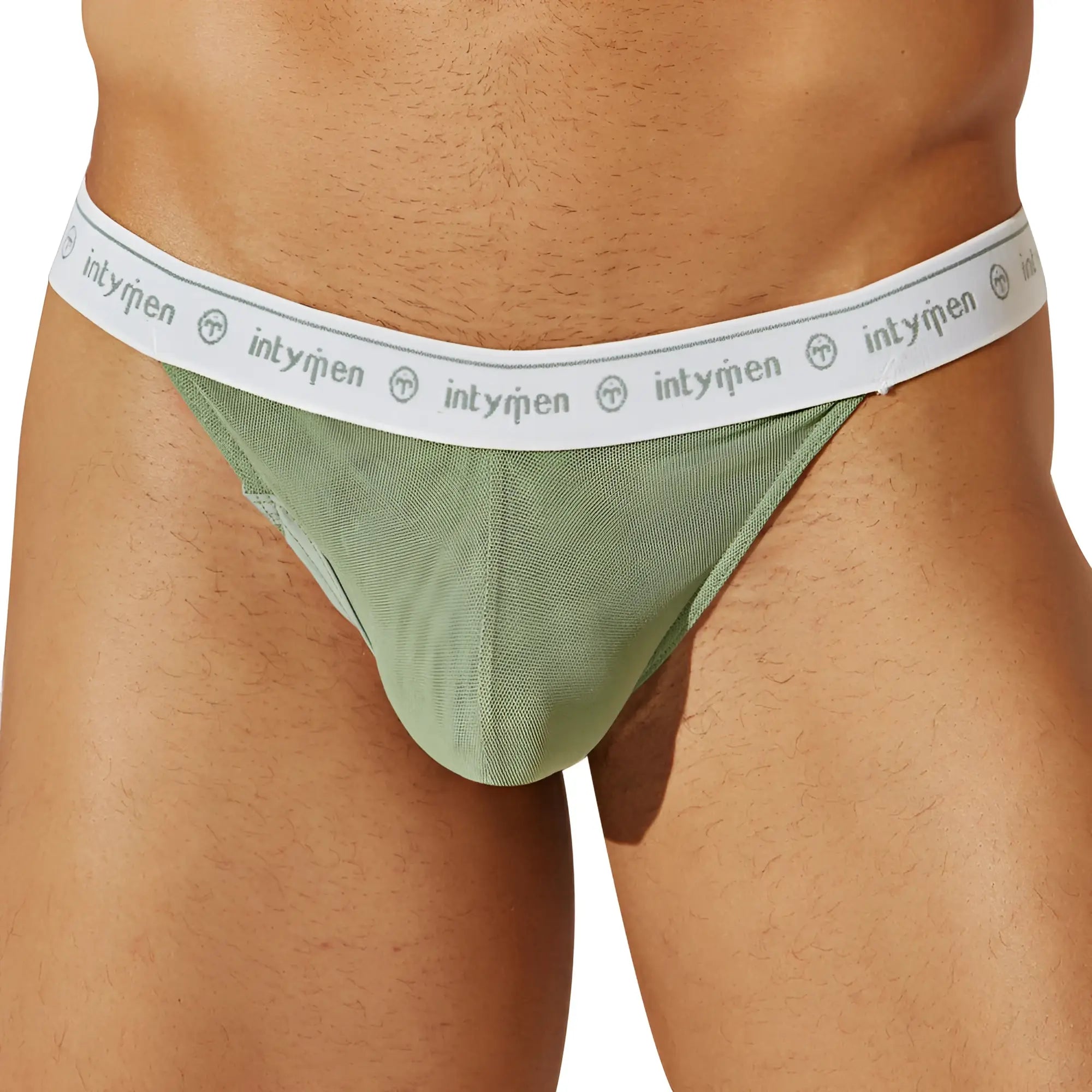 Mint green mesh briefs with white elastic waistband featuring intymen logo and emblem in intymen INK016 thong