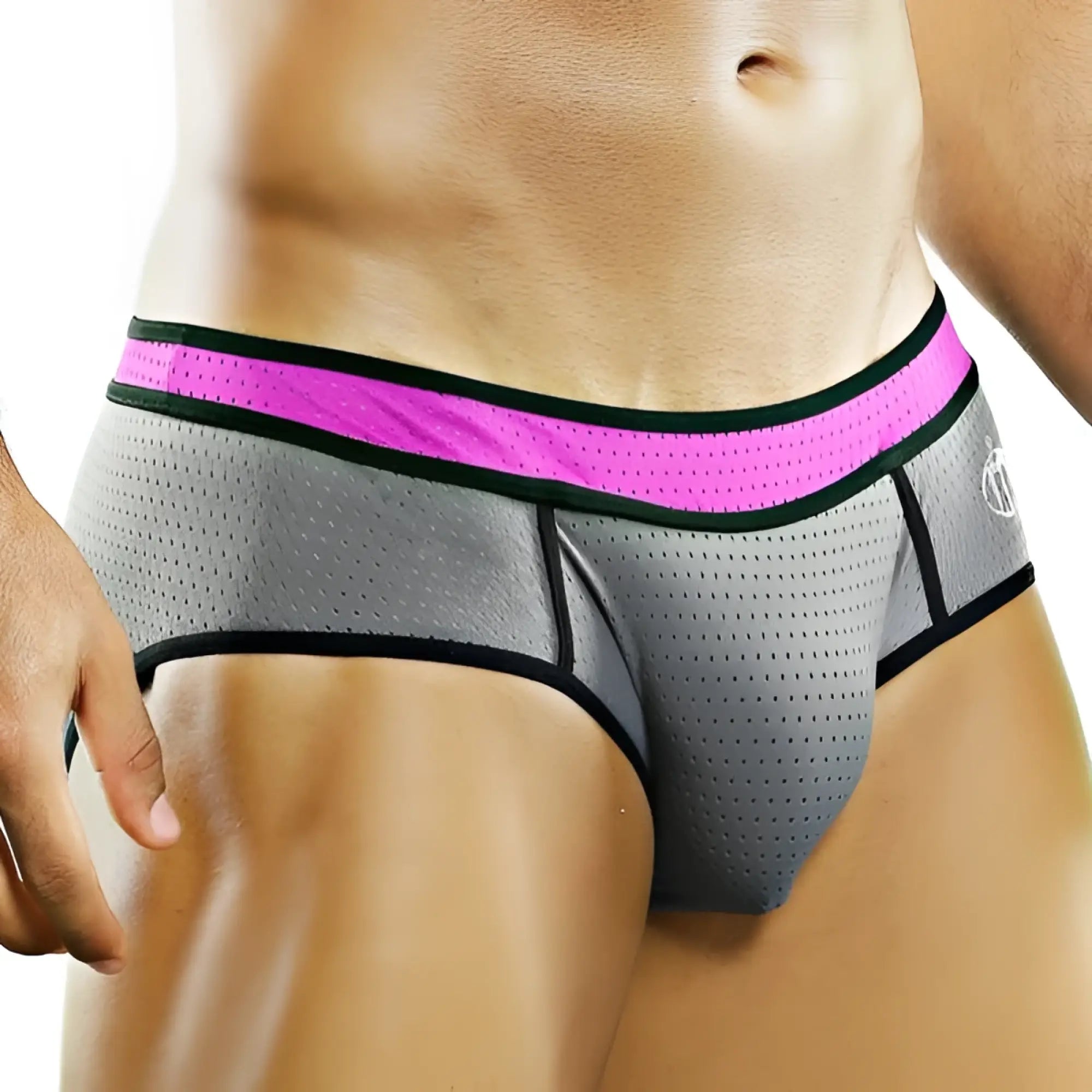 Gray mesh Intymen INT6120 briefs with vibrant pink waistband and black trim designed for comfortable everyday wear