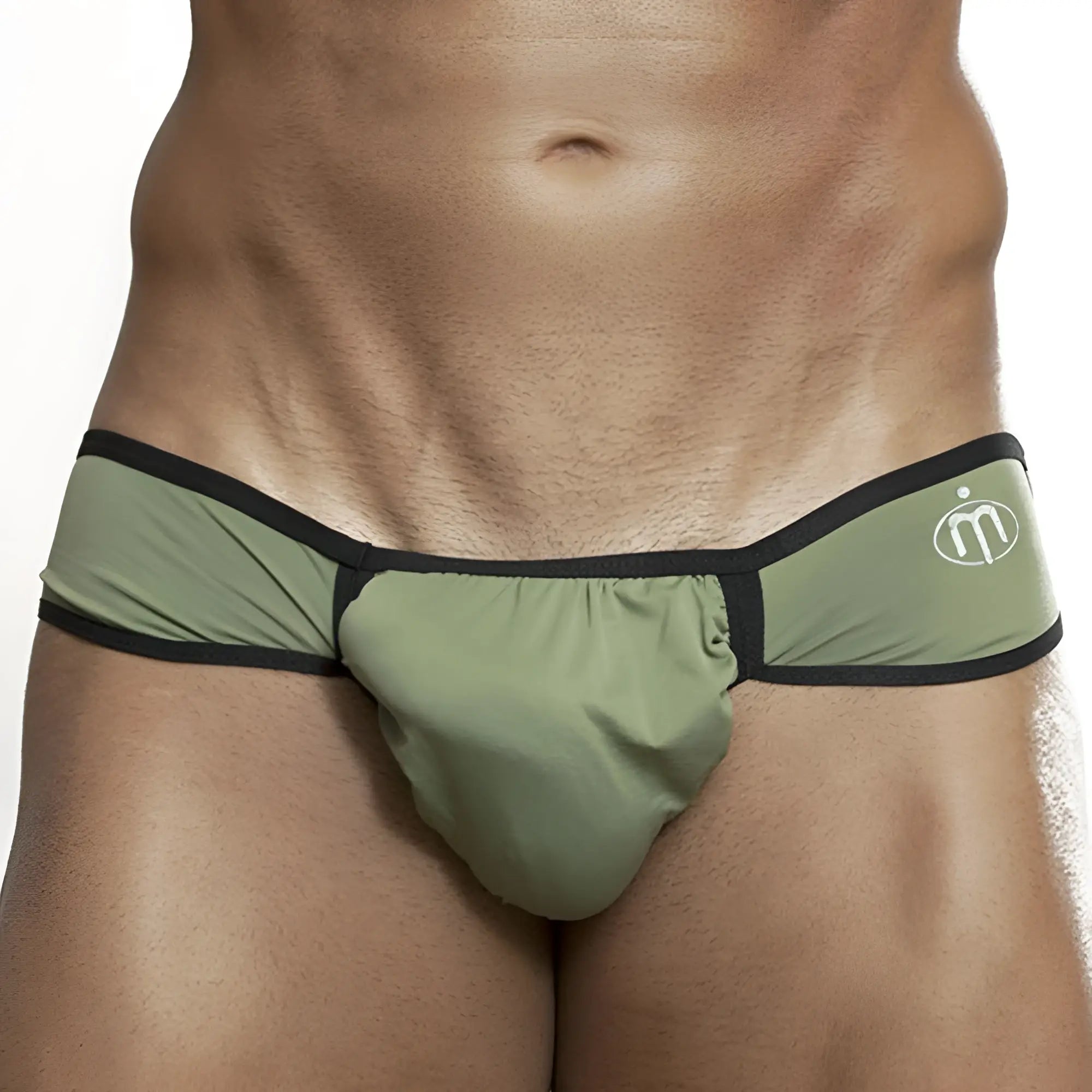 Olive green Intymen INT6150 bikini brief thong with black trim and white logo on waistband front side view