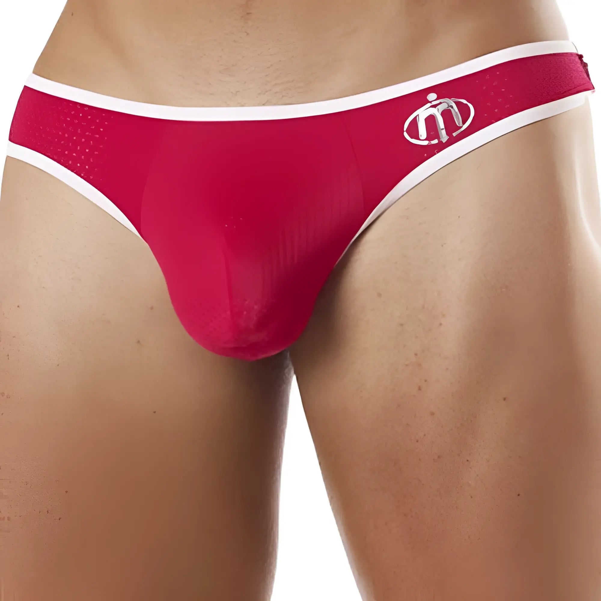 Red mesh Intymen INT7661 thong briefs with white trim and silver logo on waistband front view