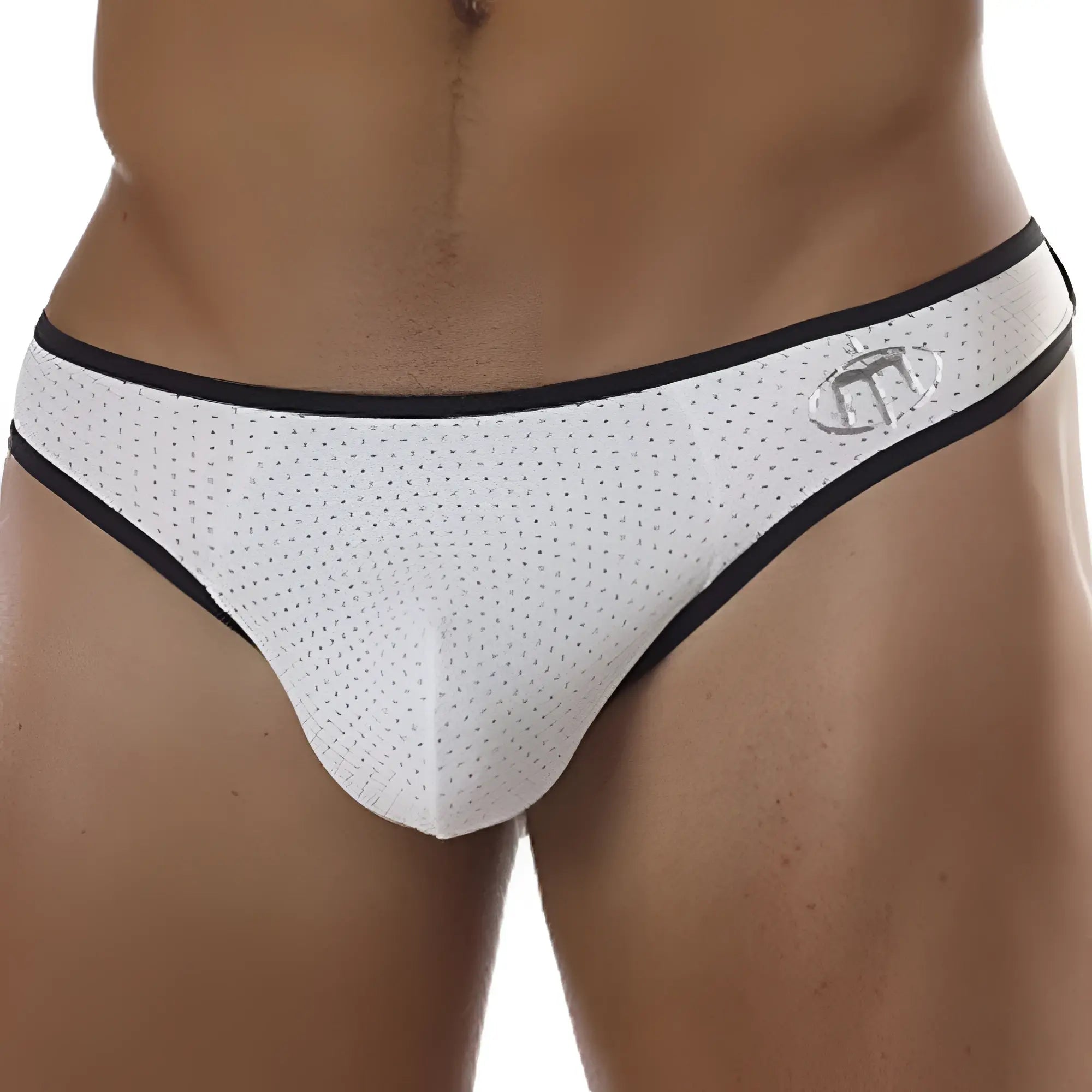 White mesh briefs with black trim and a silver logo on the side by intymen model int7661 thong