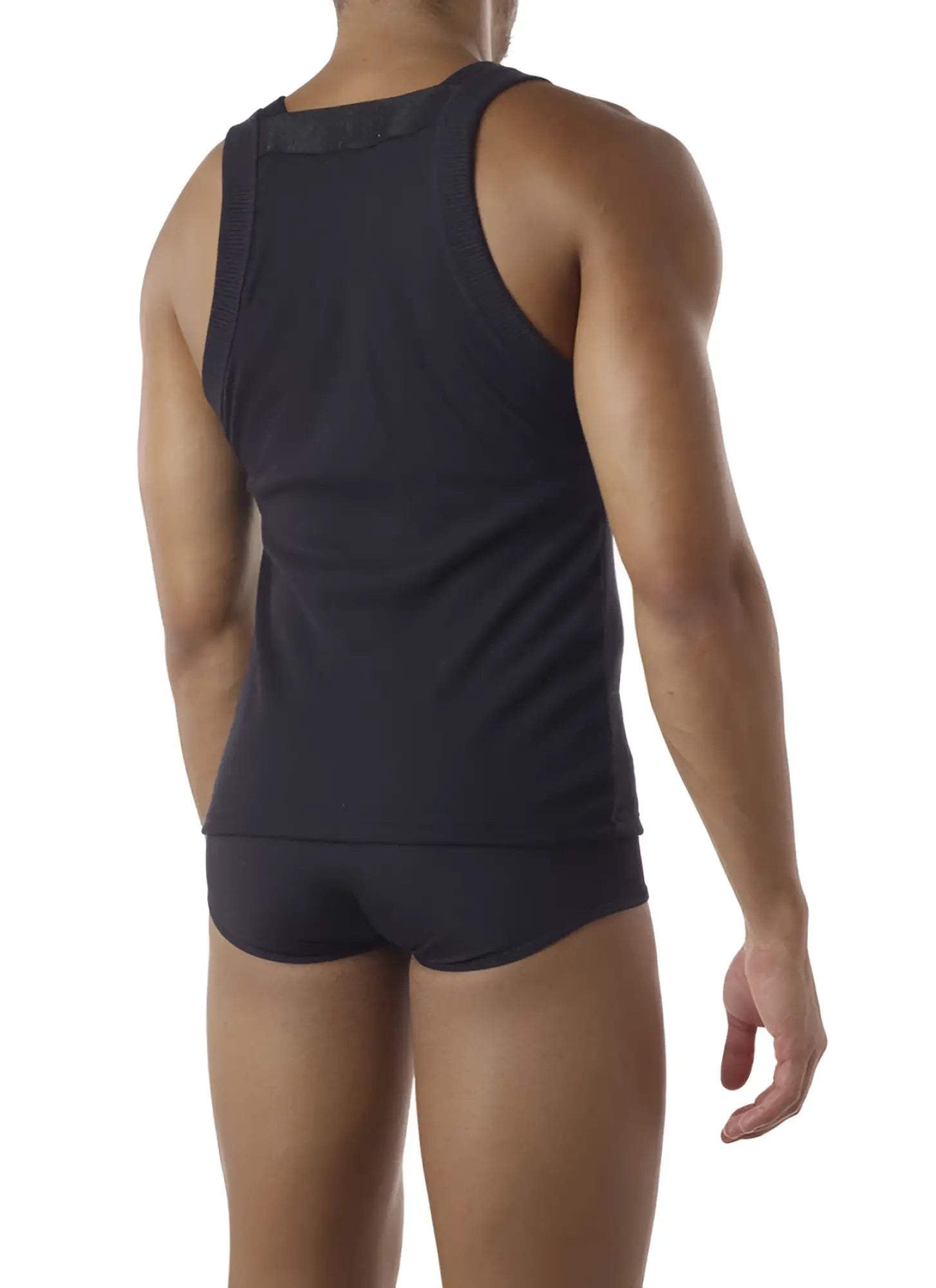 Black ribbed knit tank top with structured back panel by intymen square tank top t shirt black size m shown from back