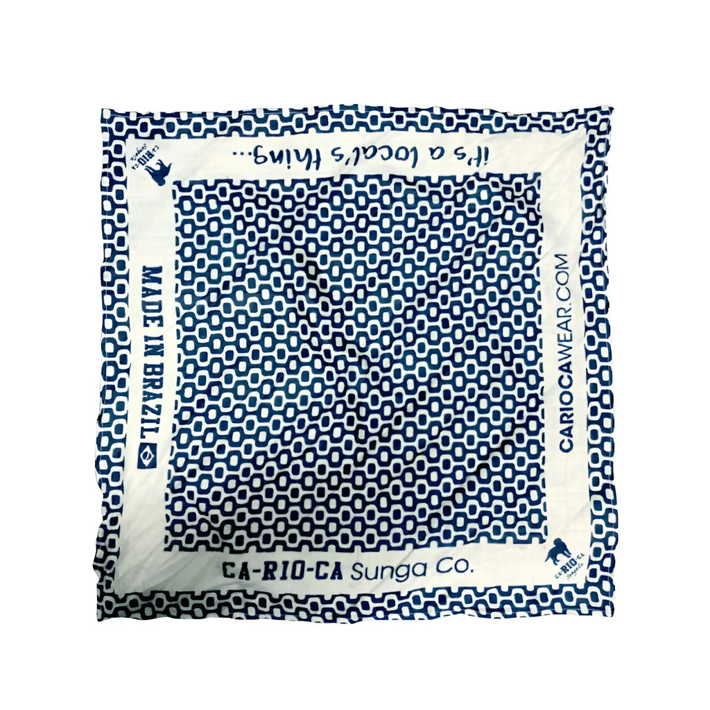 Blue and white patterned Ipanema Pavement black bandana featuring geometric design and text made in Brazil