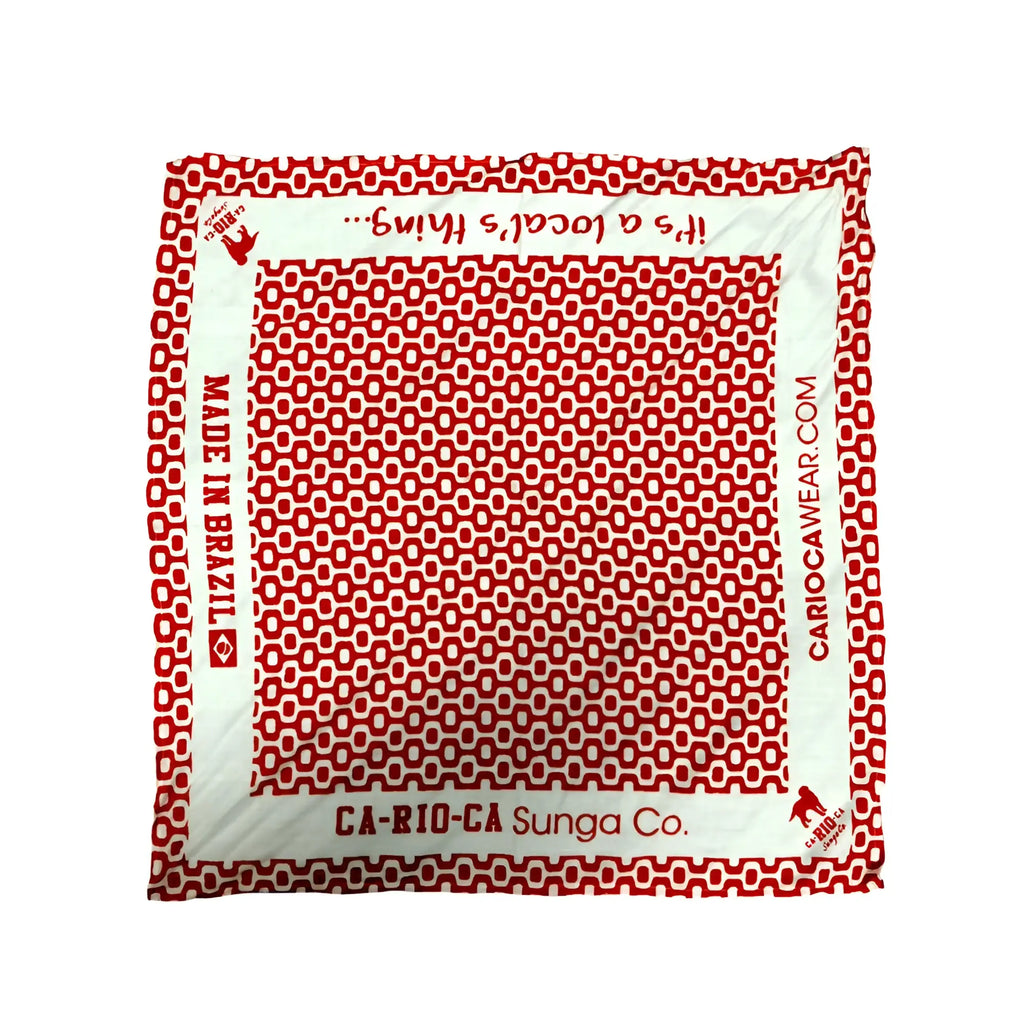 Red and white patterned cotton bandana with geometric design and branded text by carioca wear made in brazil