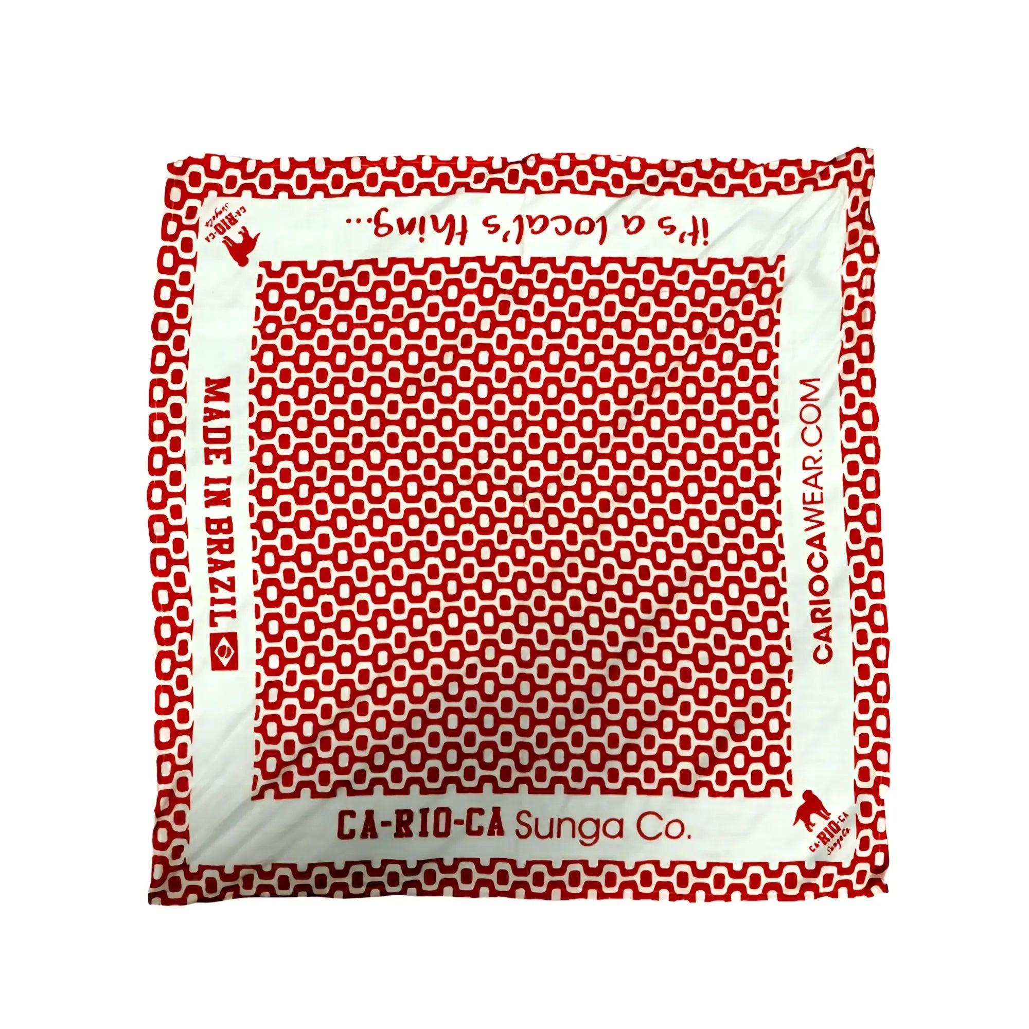 Red and white patterned cotton bandana with geometric design and branded text by carioca wear made in brazil