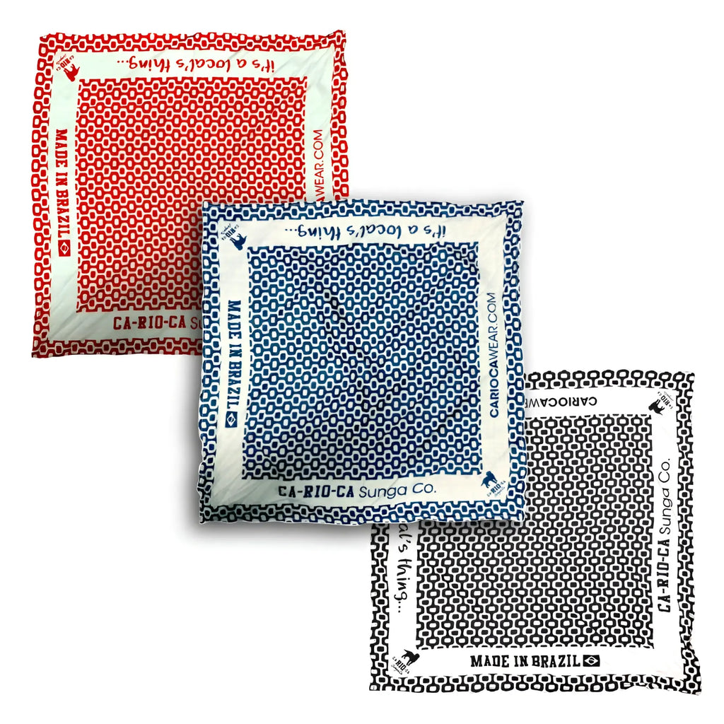 Three square bandanas in red blue and black-and-white geometric patterns featuring ipanema pavement black bandana design