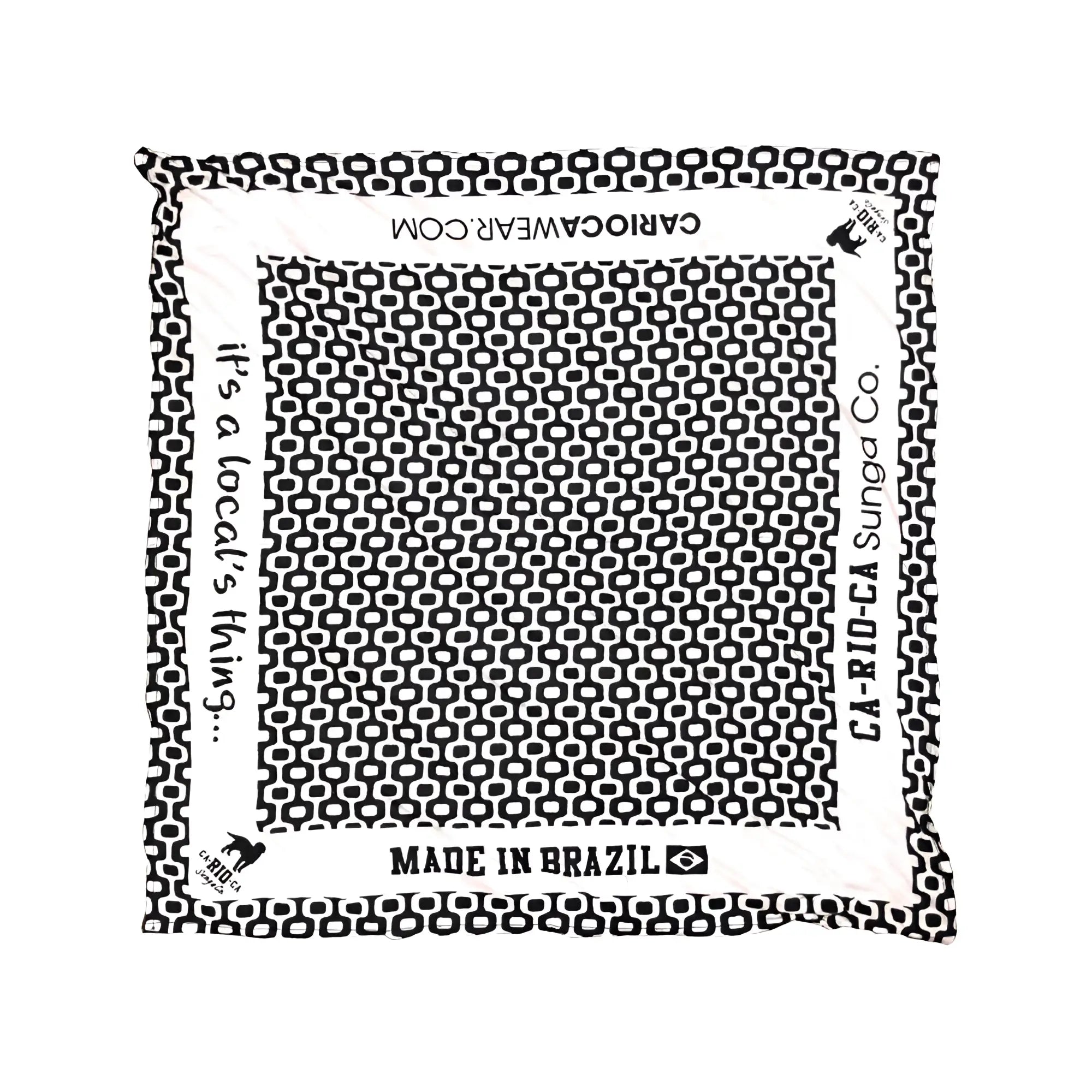 Black and white geometric patterned square scarf with hexagonal design and cariocawear com text made in brazil