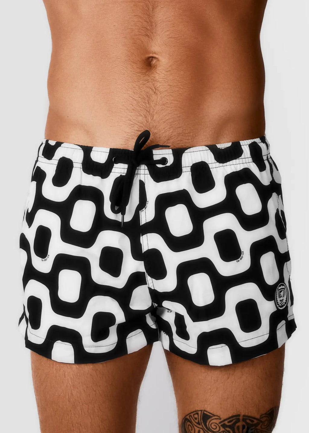 Black and white geometric patterned swim trunks with drawstring waistband i panema pavement shorts italian shorts