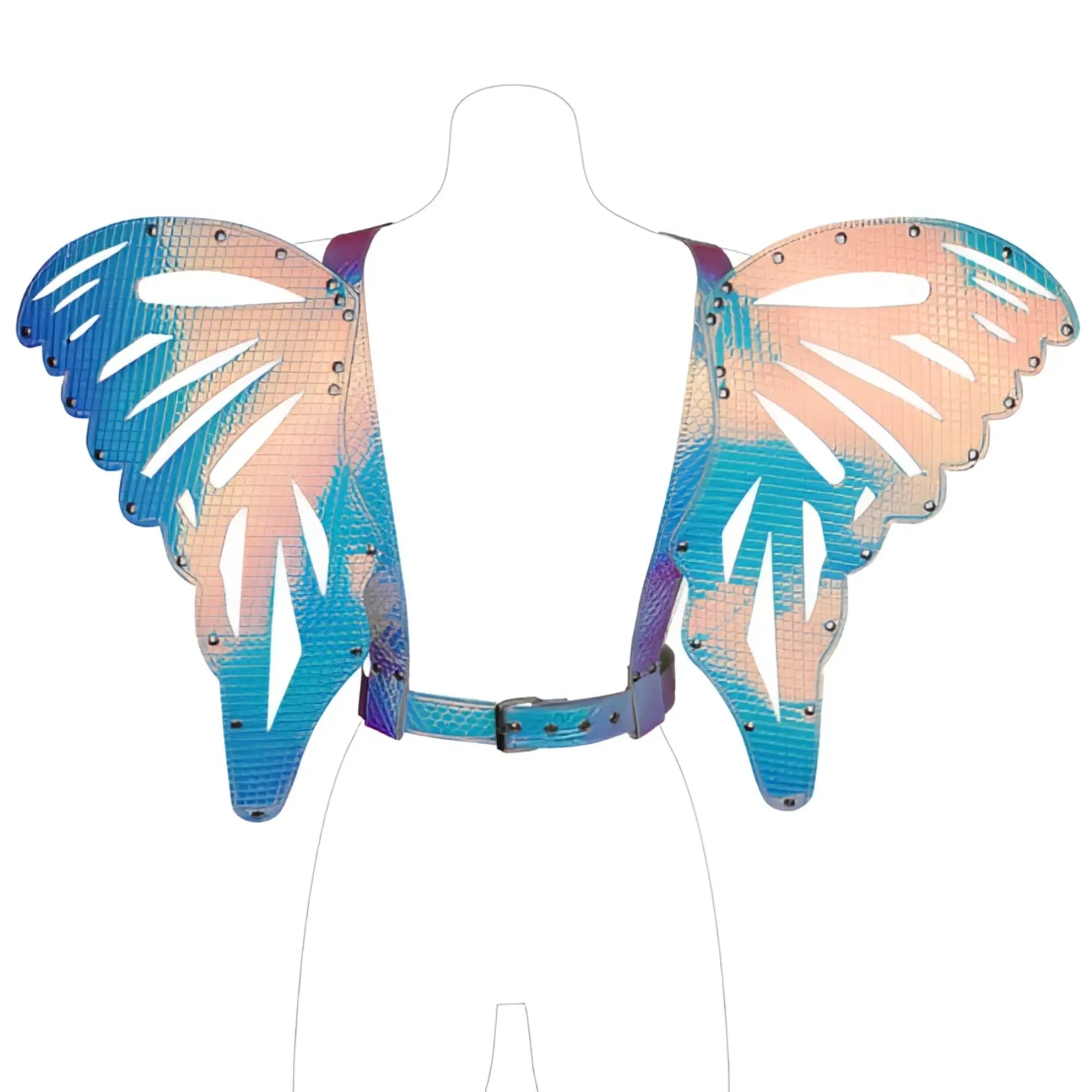 Iridescent butterfly wings harness with blue and peach gradient winged design and metallic stud accents